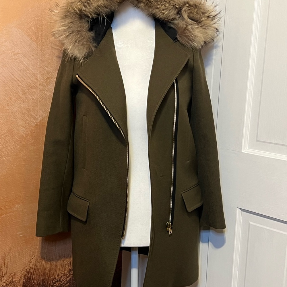 SANDRO PARIS OLIVE GREEN WOOL COAT WITH FUR TRIM HOOD SIZE 36